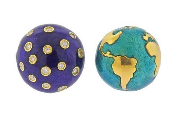 These undated Verdura Night and Day studs, based on a set of cuff links originally designed for Cole Porter, sold for $3,000 plus the buyer’s premium in January 2021. The pair features 18K gold, enamel, and diamonds. Image courtesy of Hampton Estate Auction and LiveAuctioneers.