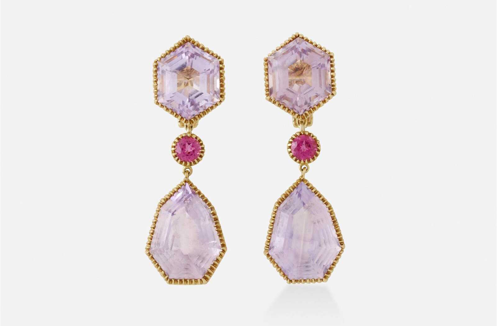 A signed pair of 18K gold Verdura dangling earrings in his Byzantine style, graced with fancy-cut amethysts and circular-cut pink tourmalines, secured $3,000 plus the buyer’s premium in June 2023. Image courtesy of Rago Arts and Auction Center and LiveAuctioneers.